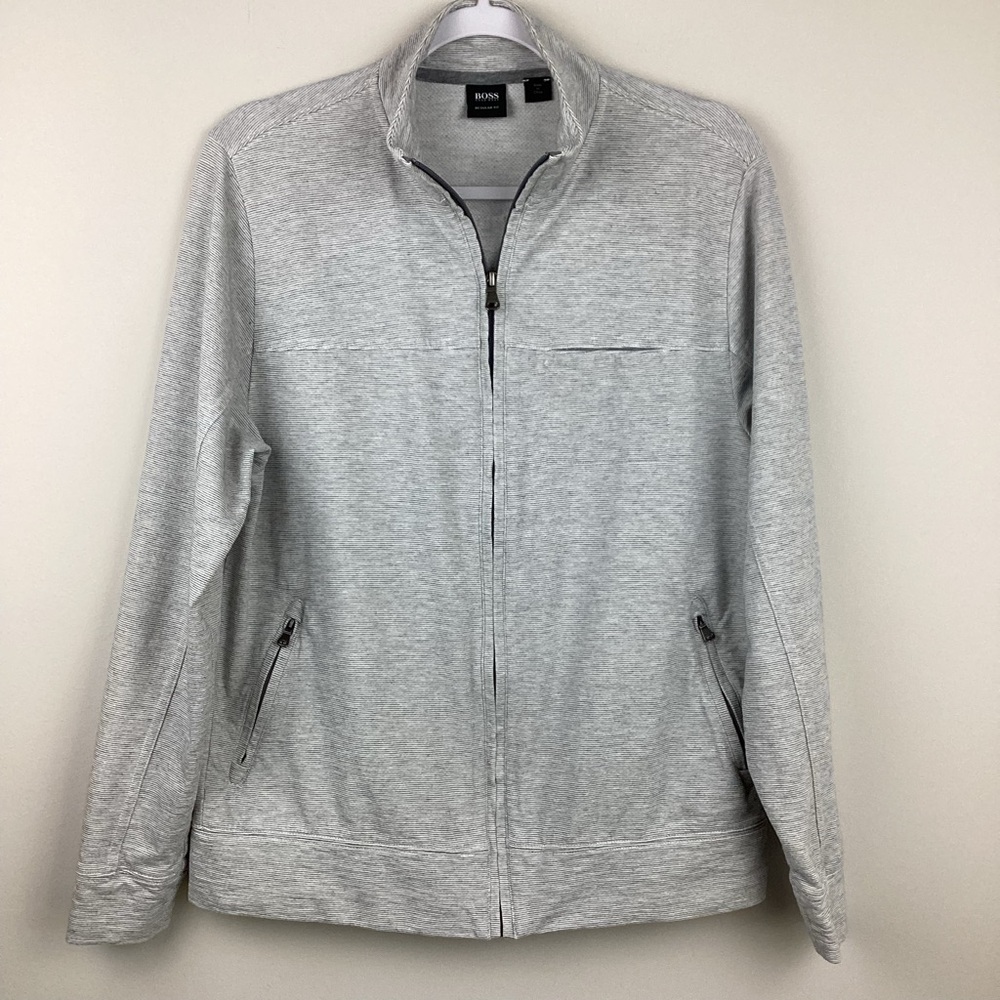 Hugo Boss Striped Gray Full Zip Jacket | Medium